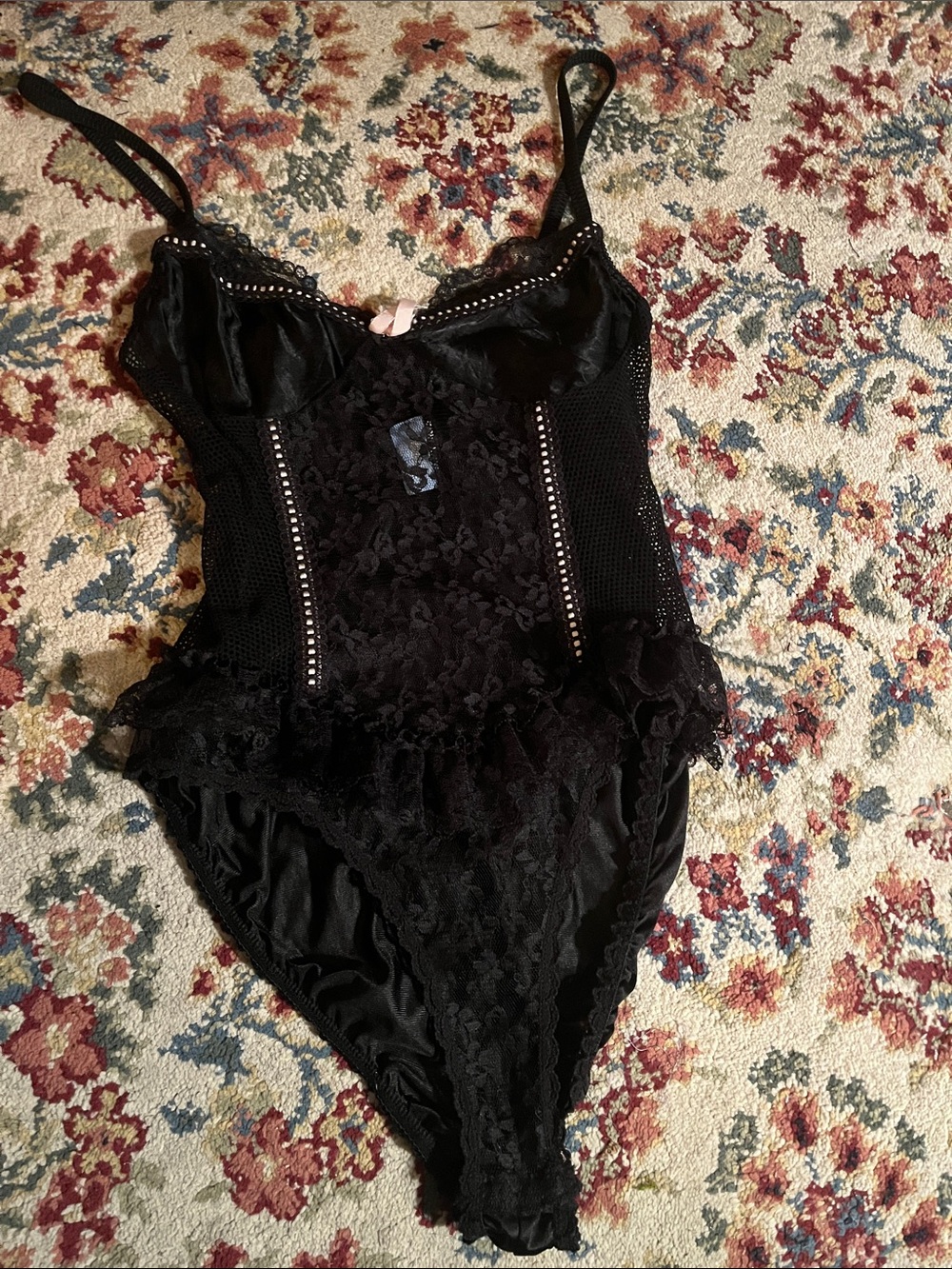 Women’s Black Lace One-Piece Bodysuit with Ruffle Detail